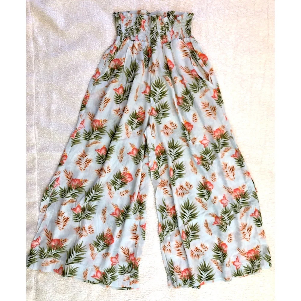Boho Floral Print Elastic Waistband Wide Leg Crop Palazzo Pant XS-S. - Picture 7 of 7